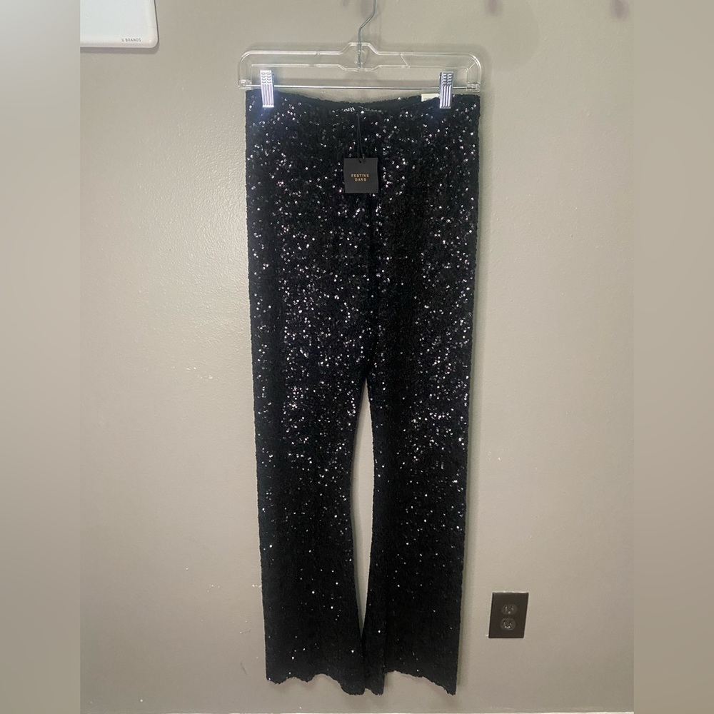 NWT Zara Womens Black Sequined Pants Medium